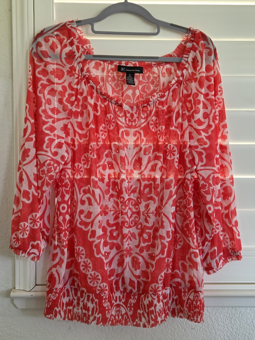 INC International Concepts Women’s XL Sheer Pink Red Floral Print Peasant Blouse